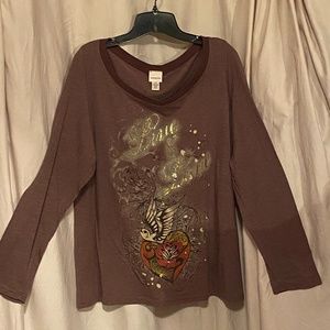 Lane Bryant 18/20 Brown Long Sleeve Tattoo Bird & Heart